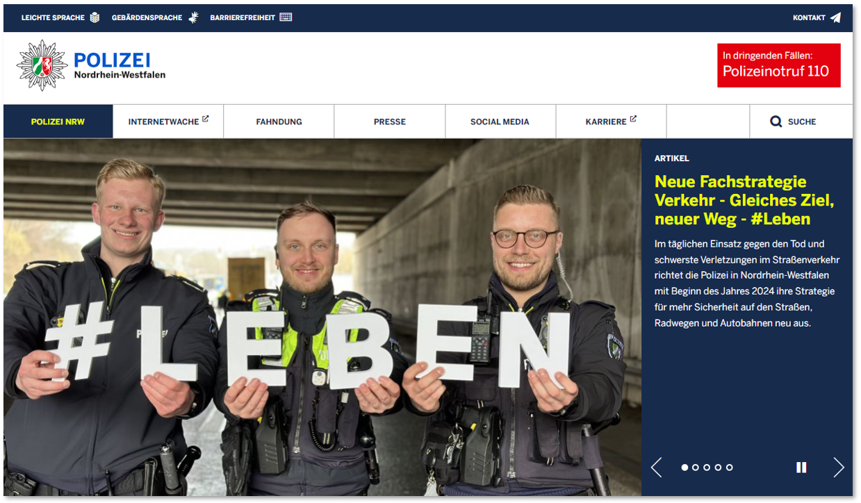Ein Bildschirmfoto der Hauptseite www.polizei.nrw