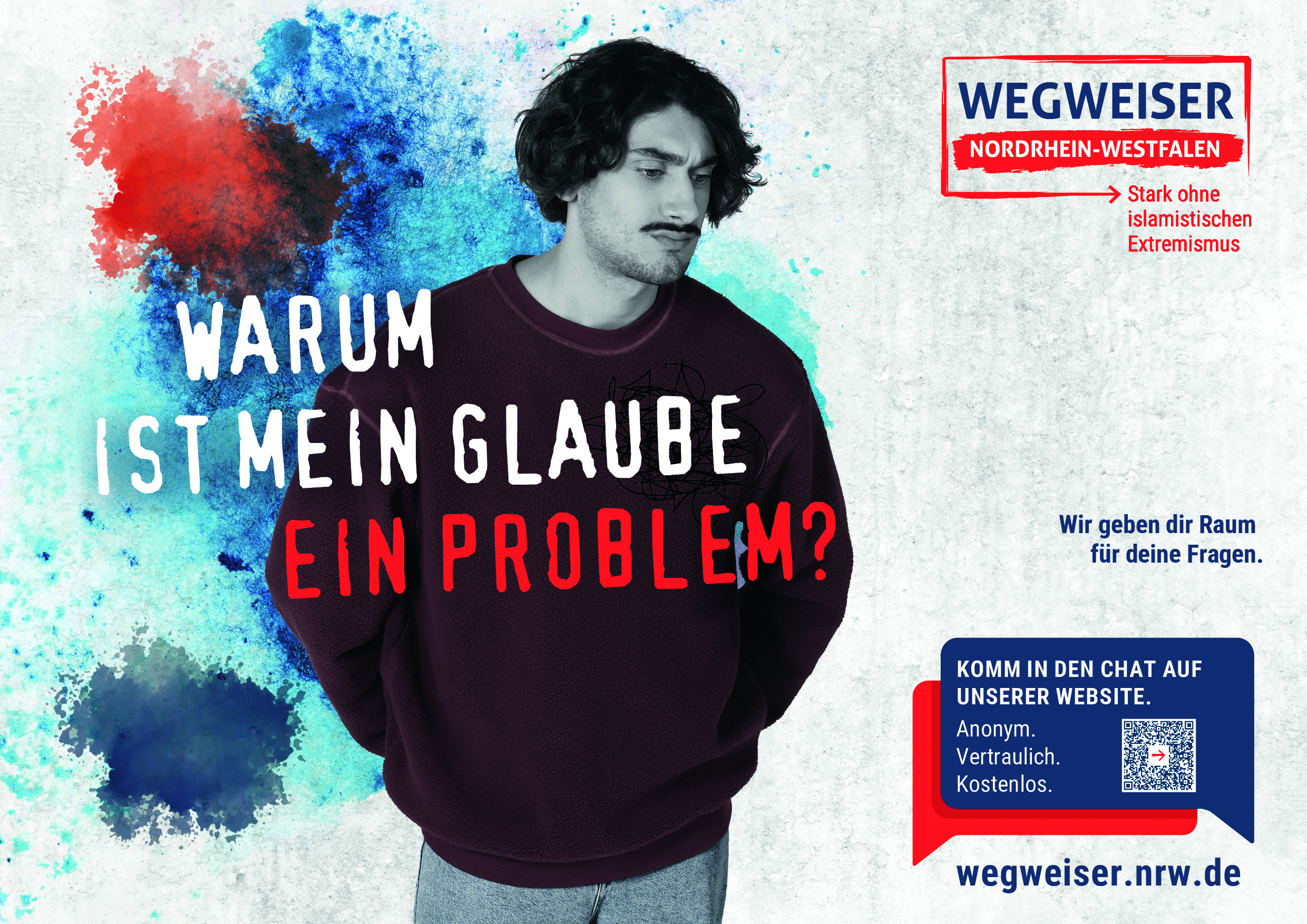 You can see an information picture from the "Wegweiser" initiative showing a young man with dark hair. In front of him is the caption: "Why is my faith a problem?". Watercolor-like splashes of red and blue can be seen in the background. A logo and a QR code for the wegweiser.nrw.de website can be seen on the right-hand side.